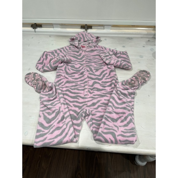 Jenni Intimates Womens Medium Pink Gray Zebra Hooded Footed Pajamas Onesie - Picture 1 of 9